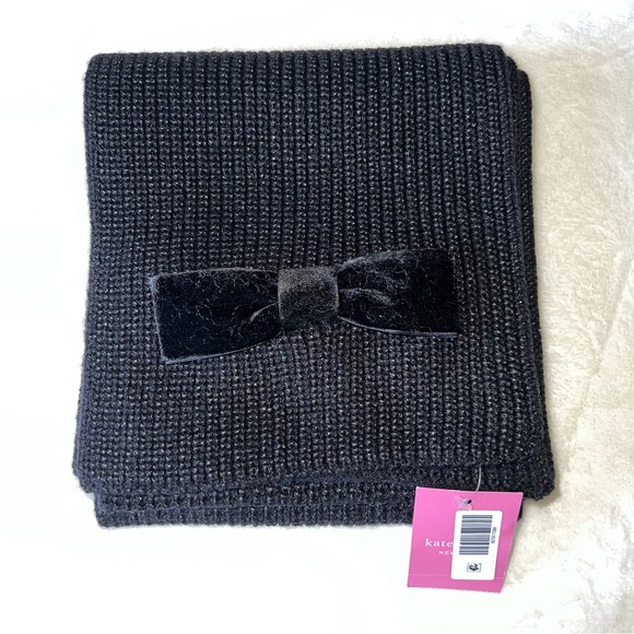 Kate Spade Black Wool Metallic Blend Velvet Bow Scarf New With Tag - Picture 3 of 10